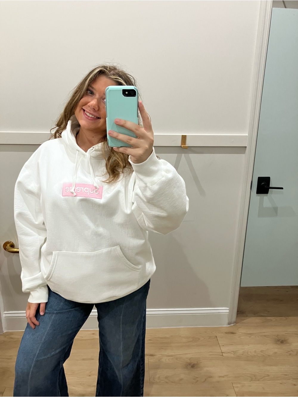 Supreme White Hoodie with Pink Logo Patch - Women